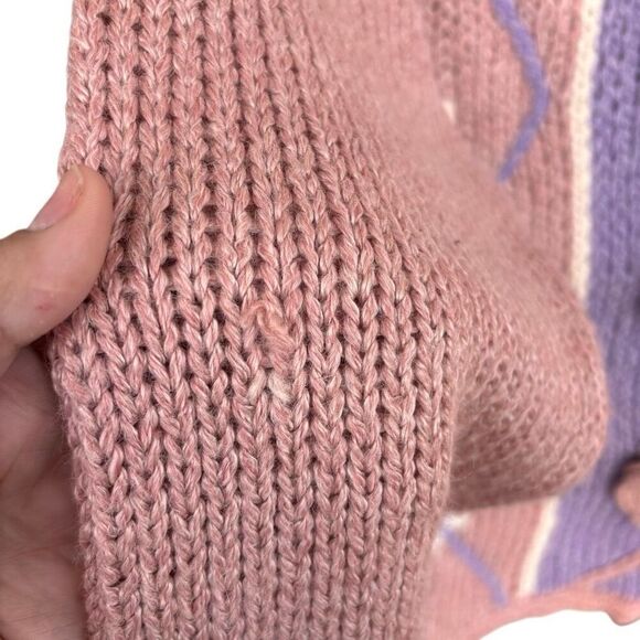 Vintage 3D Flower Knit Sweater Women Size Small Pink Purple Hem Cuff Trim Cottag - Picture 6 of 7